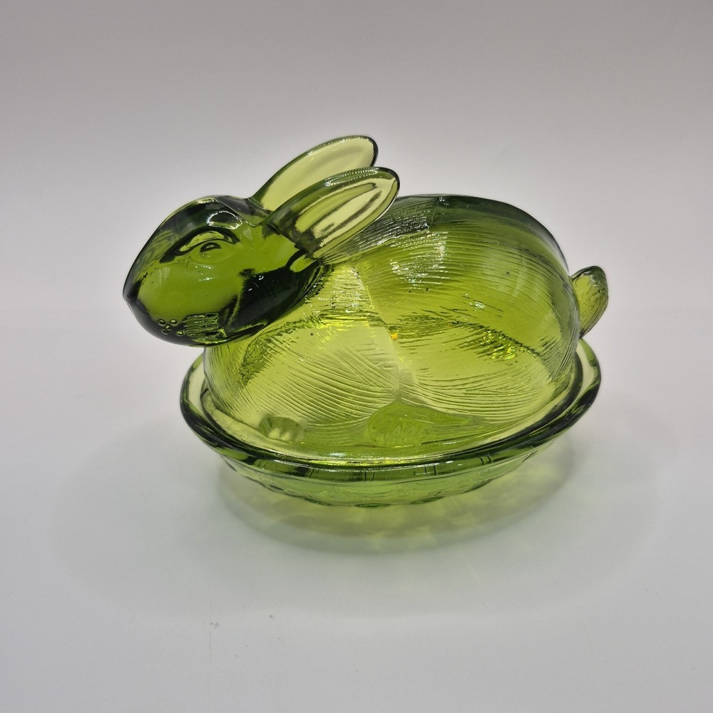 Glass Bunny Rabbit On A Nest Basket Covered Candy Dish  Lime Green